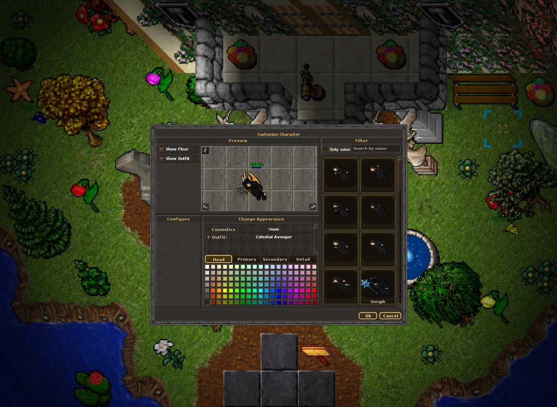 The Outfit window (Ctrl+J) with the Cosmetics section - equip shaders and name fonts on a live preview.