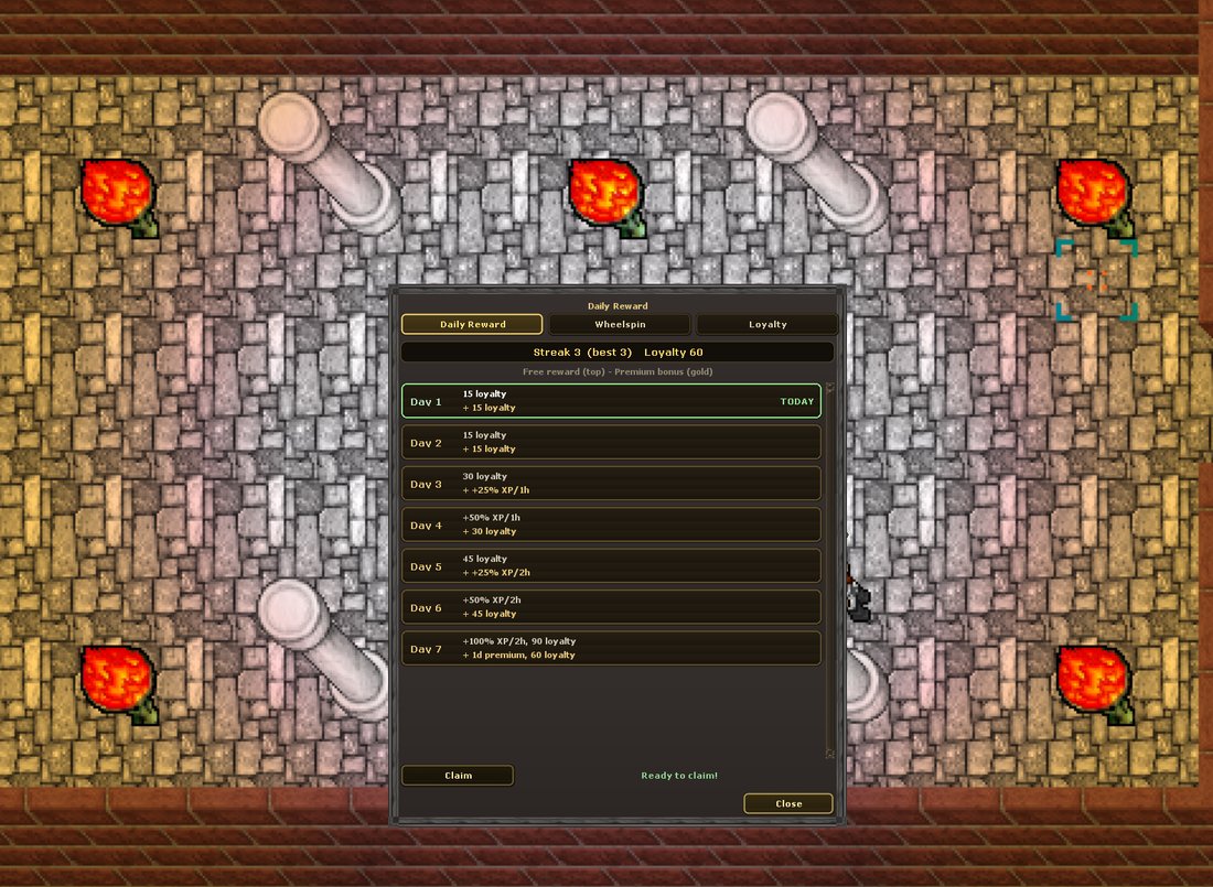The Daily window - seven-day streak calendar with an in-panel Claim button.