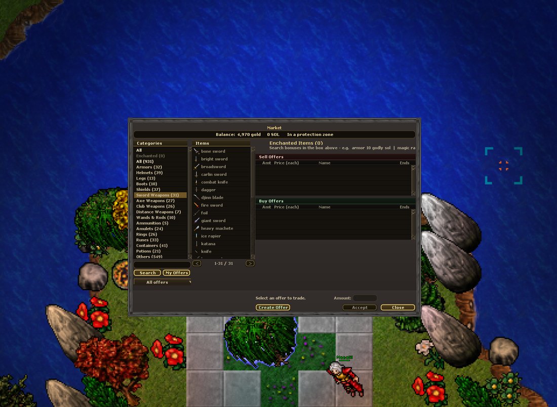 <strong>The Player Market.</strong> Two-sided buy/sell offers across 869 items, payable in gold or SOL, tradeable even while the other side is offline.