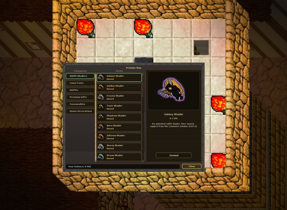 <strong>The Premium Shop.</strong> Outfit shaders with a live preview of your own character, gifts, house decorations and the Orb of Enchantment - all priced in SOL.